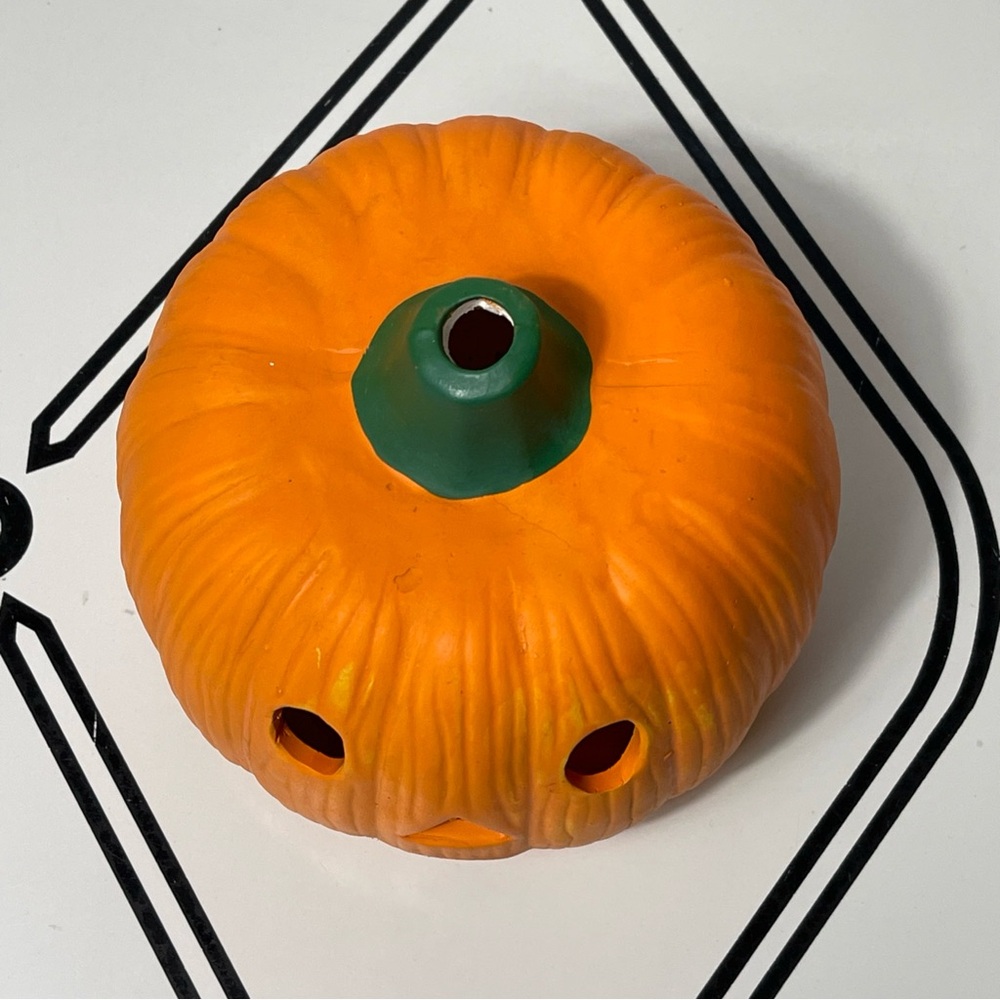 Vintage Pumpkin Time 6" Ceramic Jack O Lantern Candle Holder Orange Green Box - Picture 6 of 10